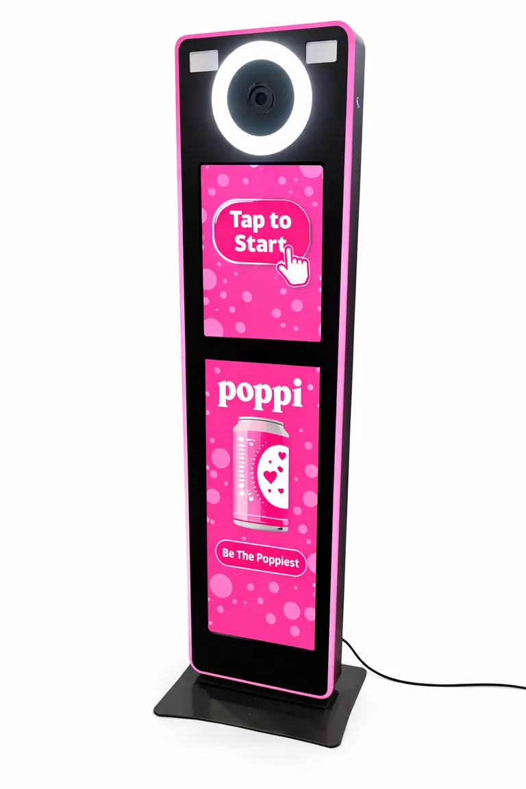 Selfie Booth kiosk shown with a pink beverage-themed screen design