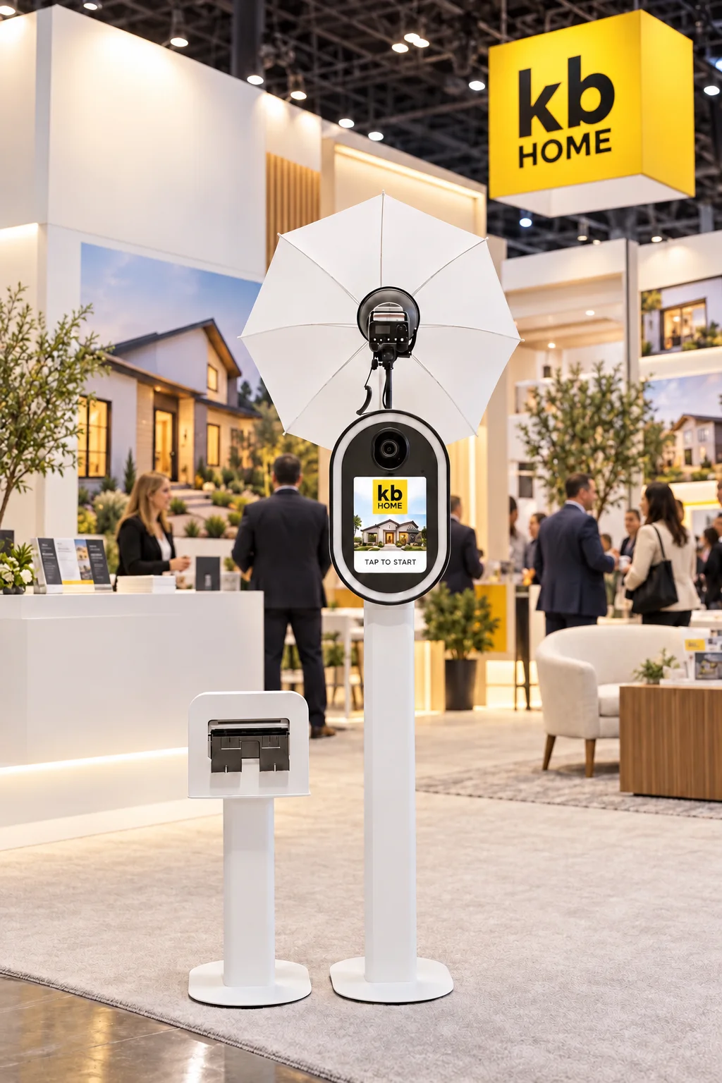 White Studio Booth with umbrella light and printer at a KB Home trade show booth, its screen reading Tap to Start