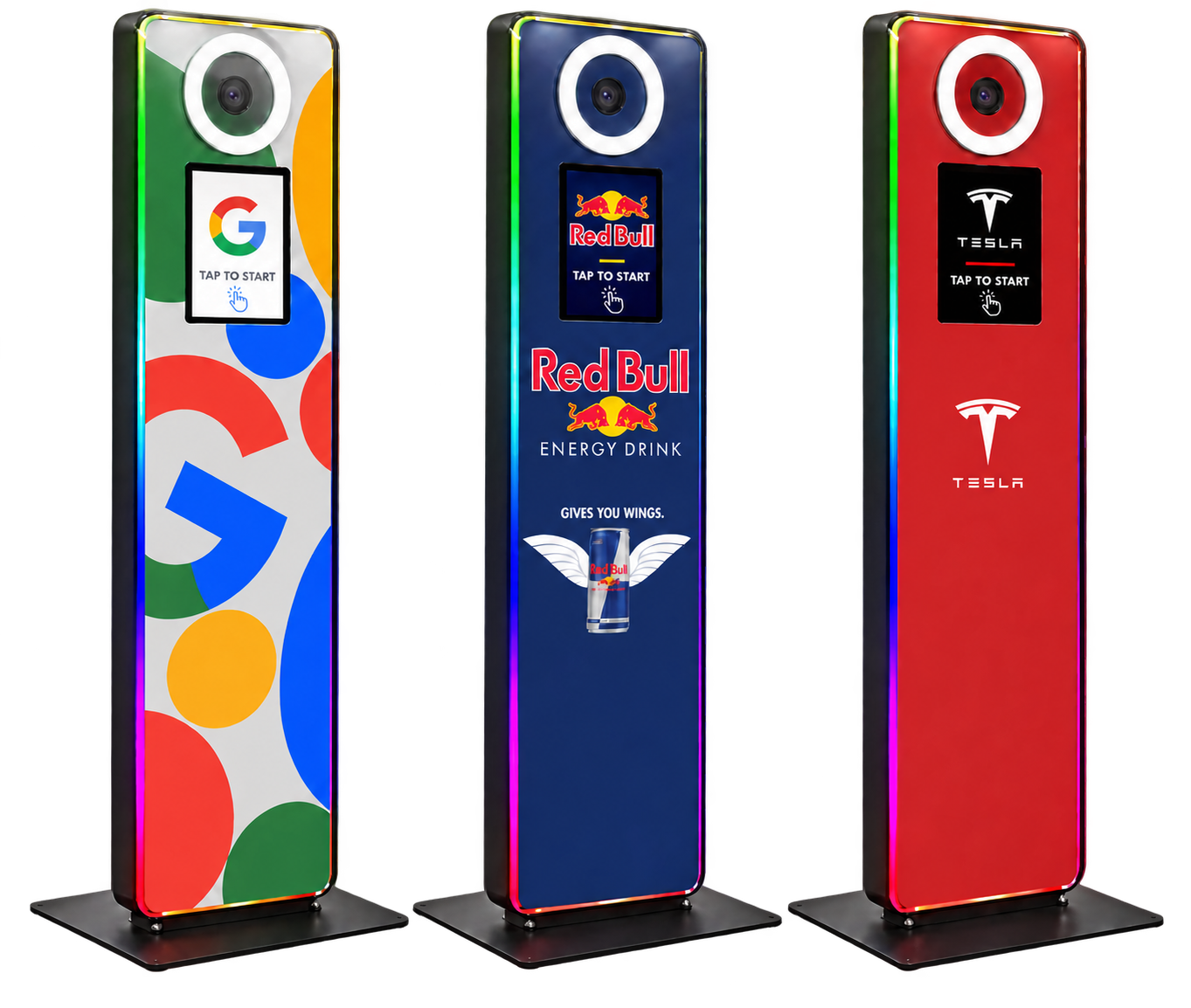 Three illustrative wrapped Selfie Booth kiosks with matching Google, Red Bull, and Tesla start screens and full bases