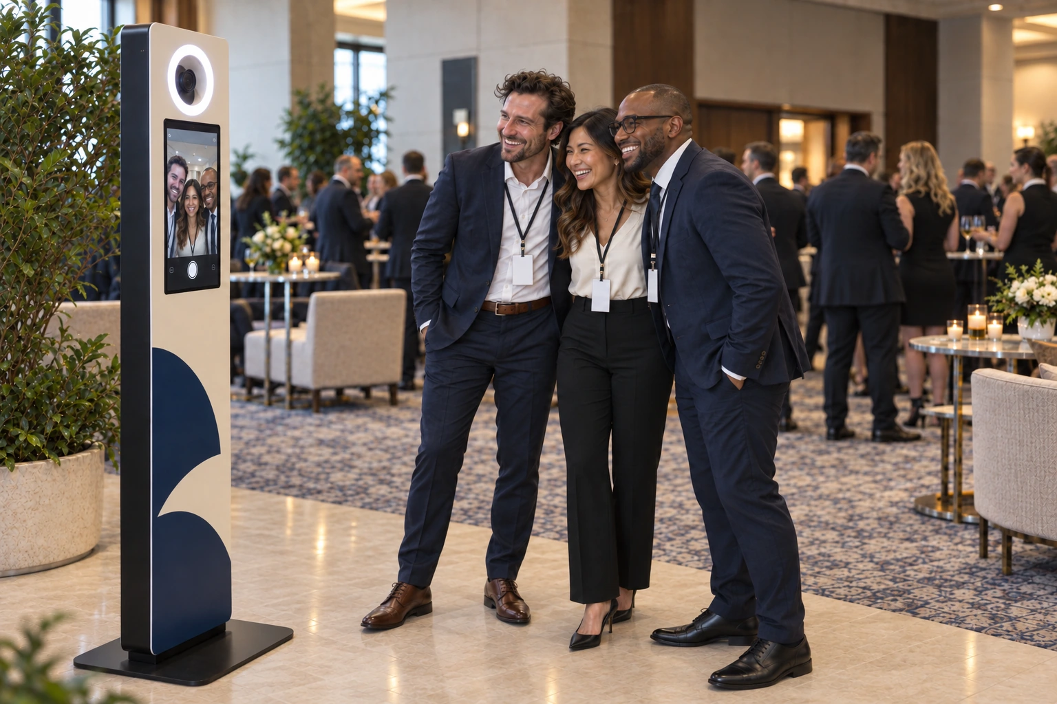 Three guests posing toward a Selfie Booth with their photo preview on its screen at a conference