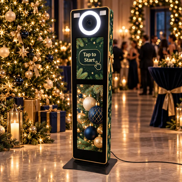 Illustrative Selfie Booth with a festive evergreen wrap at a Christmas party