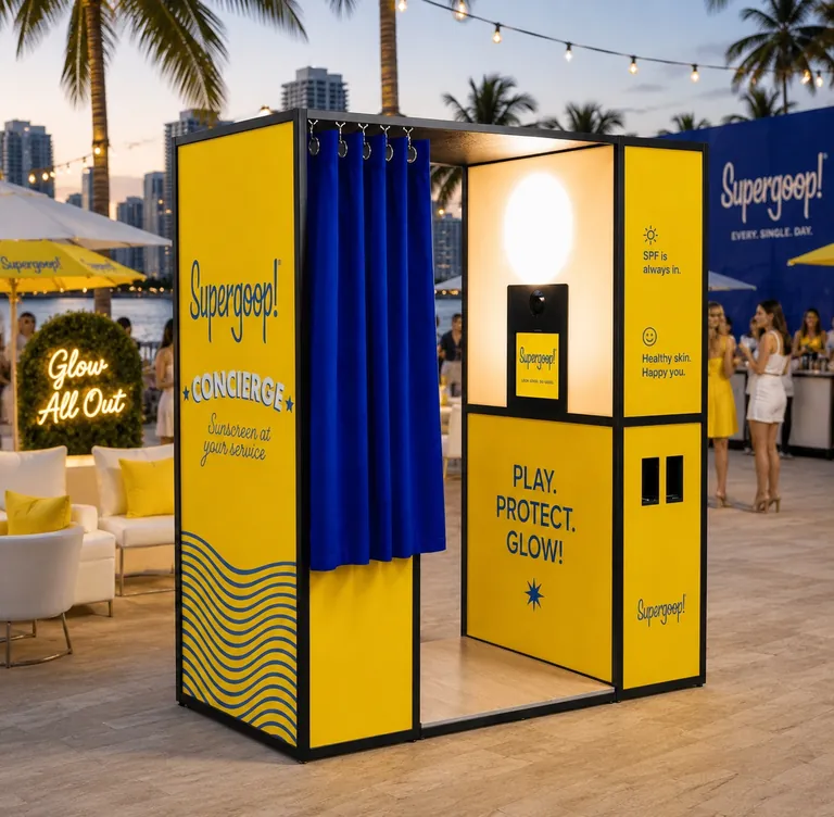 Enclosed Booth shown with a yellow skincare-themed wrap