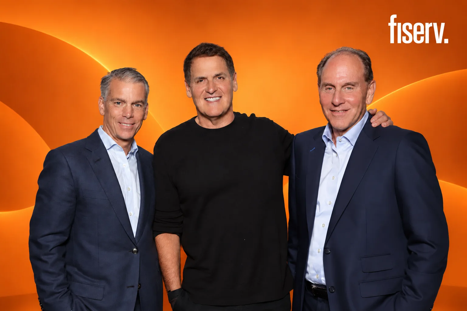 Illustrative edit of three guests against an orange studio setting, with a white Fiserv logo