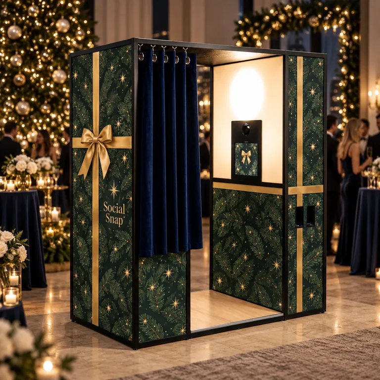 Illustrative enclosed photo booth with a festive evergreen wrap and curtain at a Christmas party