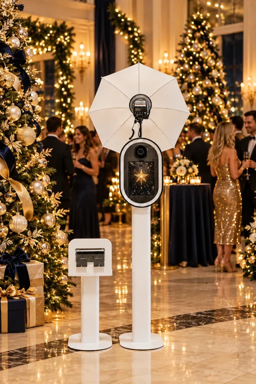 Illustrative Studio Booth with umbrella light and printer stand at an elegant Christmas cocktail party