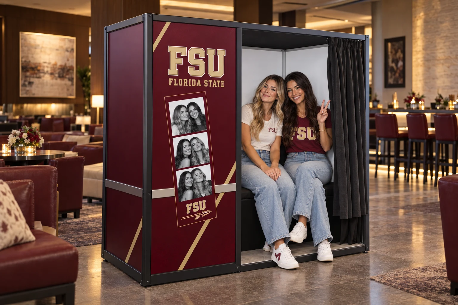 FSU-themed enclosed photo booth concept with two guests in an indoor lounge
