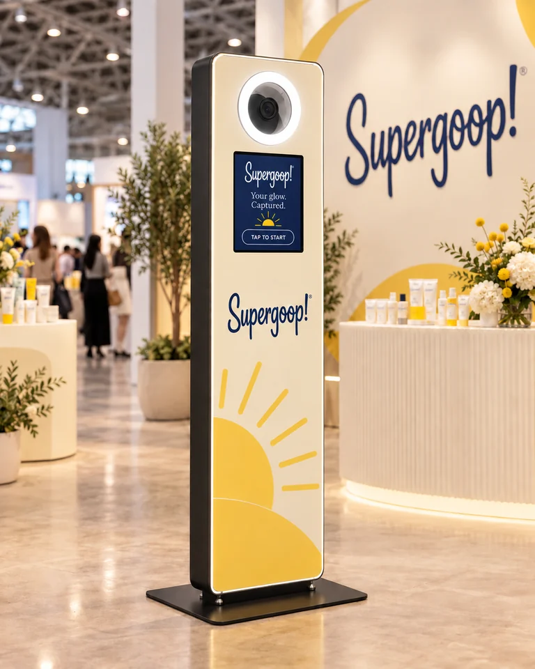 Illustrative Supergoop-branded Selfie Booth kiosk in a convention setting